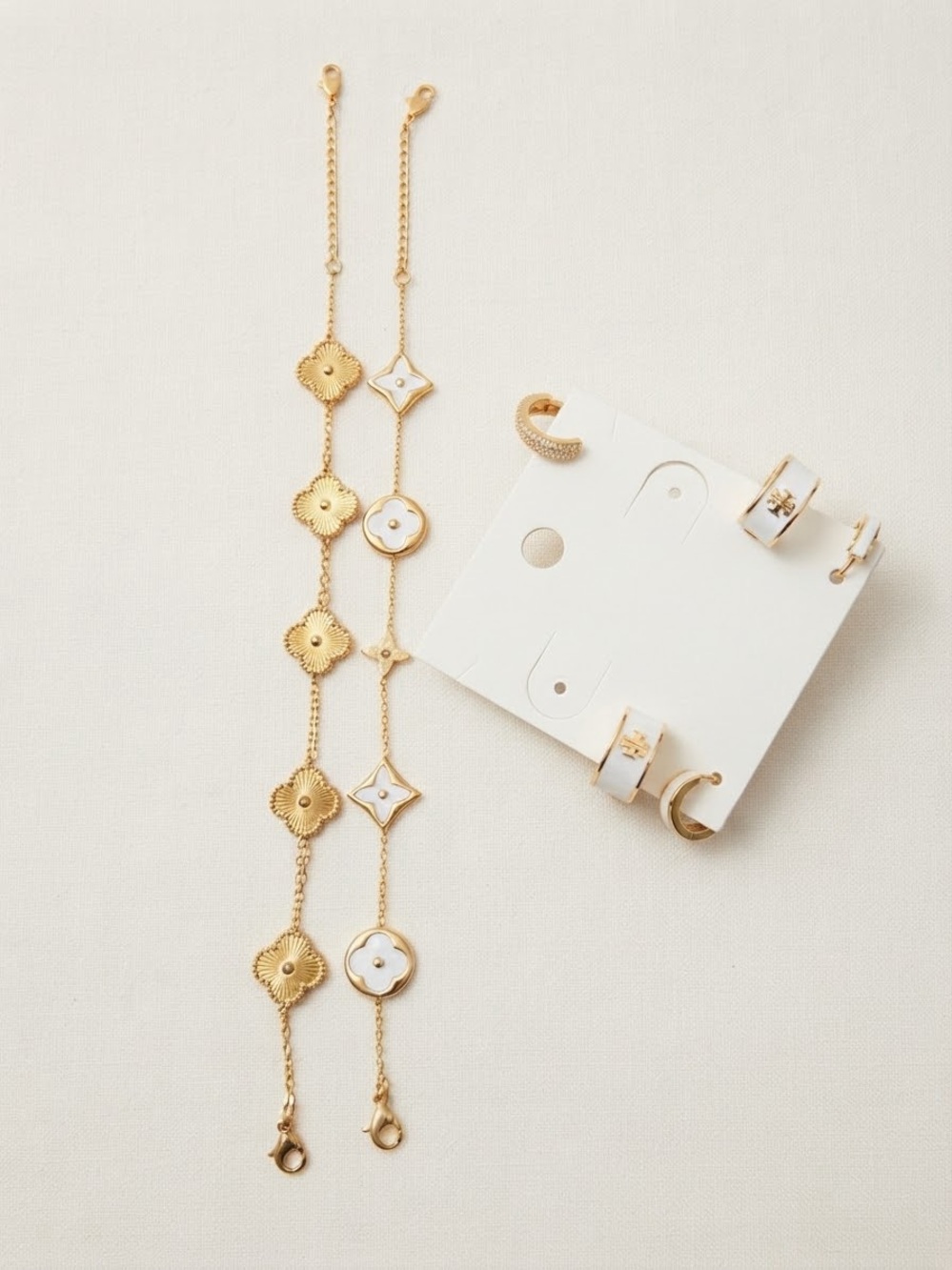 14K Gold Plated set, 2 Bracelets, 4 Earrings, 2 Rings and 1 Piercing Fake